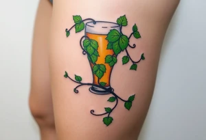 A hop vine wrapping around a pint glass, with delicate tendrils and leaves in vibrant green shades tattoo idea