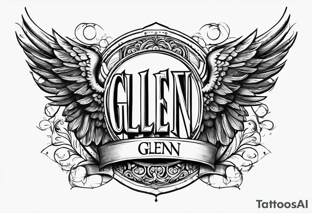 A simple tattoo with the word Glenn on a banner with angel Wings tattoo idea