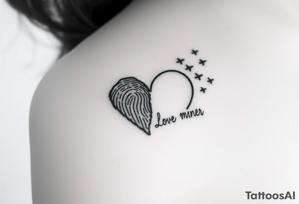 Two fingerprints merged into a heart shape, with the top right edge breaking away into a few small planes flying into the sky.

Signature Beneath the heart in the loved one’s handwriting flowing up into the heart tattoo idea