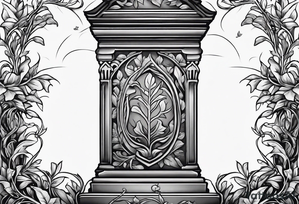 Grave stone with leafy vines wrapped around it tattoo idea