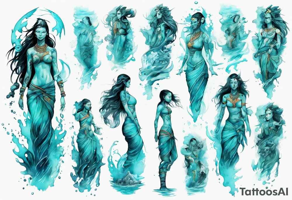 a turquoise Na'vi woman standing in the sea surrounded by crashing waves tattoo idea