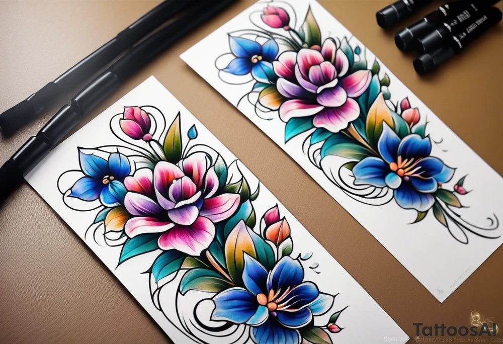 long vertical tattoo to cover my whole shin showing two separate flowers wrapped around each other, I want a long stem to shower them intertwined tattoo idea