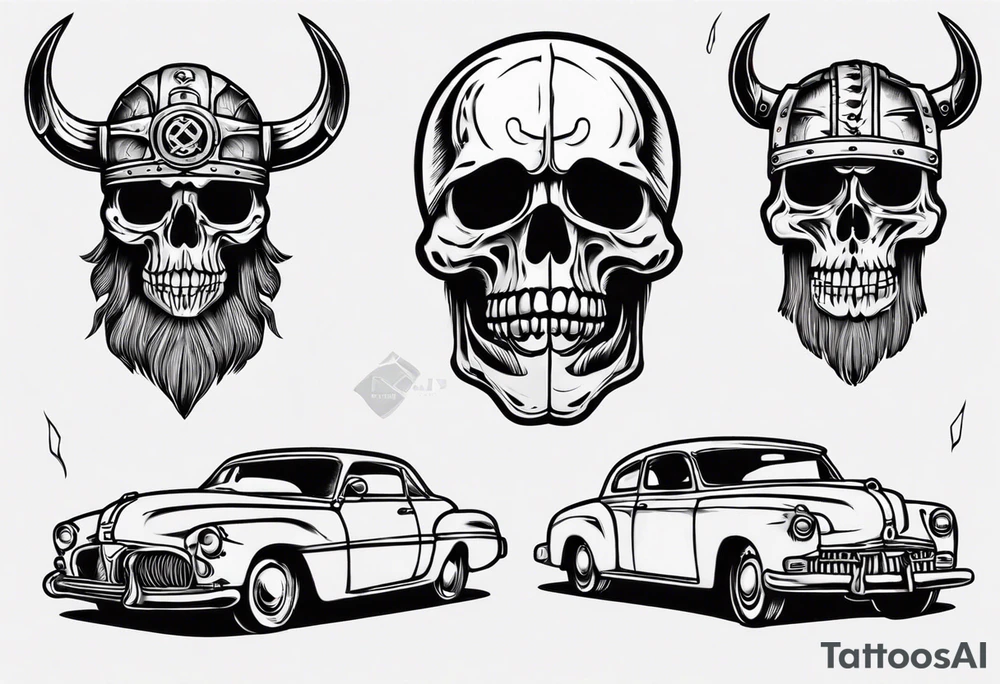 Viking skeleton head and old car tattoo idea