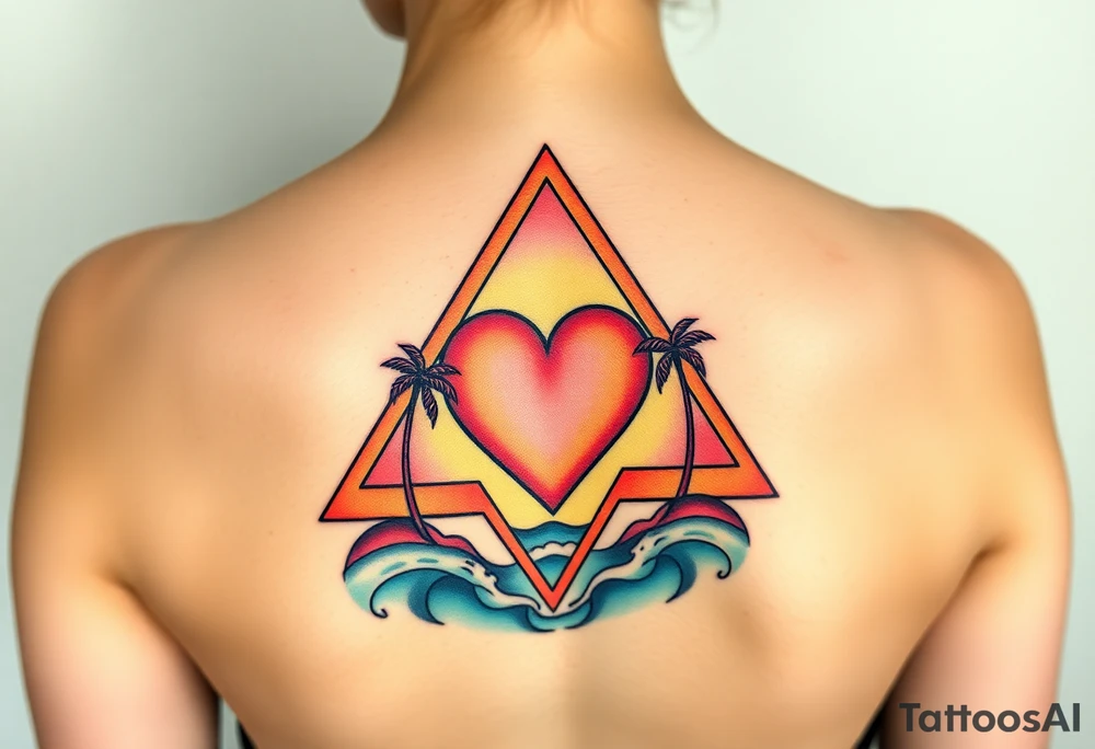 A triangle with a big heart in the center with an ocean theme and palm trees tattoo idea