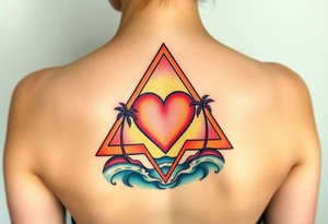 A triangle with a big heart in the center with an ocean theme and palm trees tattoo idea