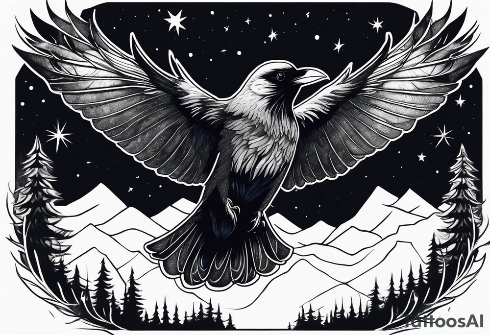 Raven swooping, occult, mystical, knowing, light behind its eyes, ethereal, night sky and trees in the background tattoo idea