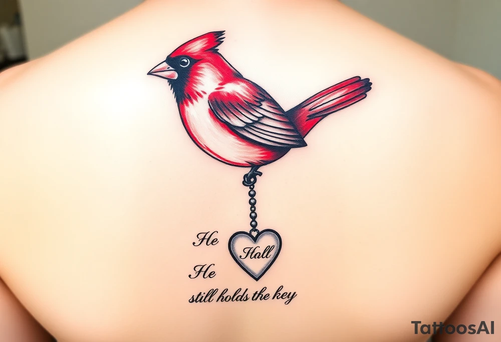 Prompt for Tattoo Design (Flat Artwork Version)

A realistic tattoo design of a red cardinal holding a heart-shaped key in its beak. The key matches a classic romantic key design with a beaded chain attached. The chain dangles gracefully downward to connect with a heart lock near the bottom of the design. Include elegant cursive text reading “He still holds the key” beneath the heart. Use clean black and gray ink lines with rich red tones for the cardinal. Style the artwork for tattoo realism, soft shading, and delicate linework, with balanced vertical composition suitable for an inner forearm tattoo. tattoo idea