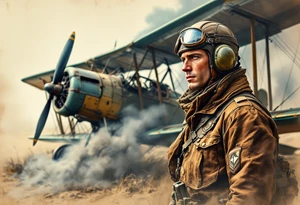 WWI Pilot Soldier – A soldier in a brown leather flying jacket and helmet, standing beside a biplane with muted blue and green colors, with smoke rising from a crashed enemy plane. tattoo idea