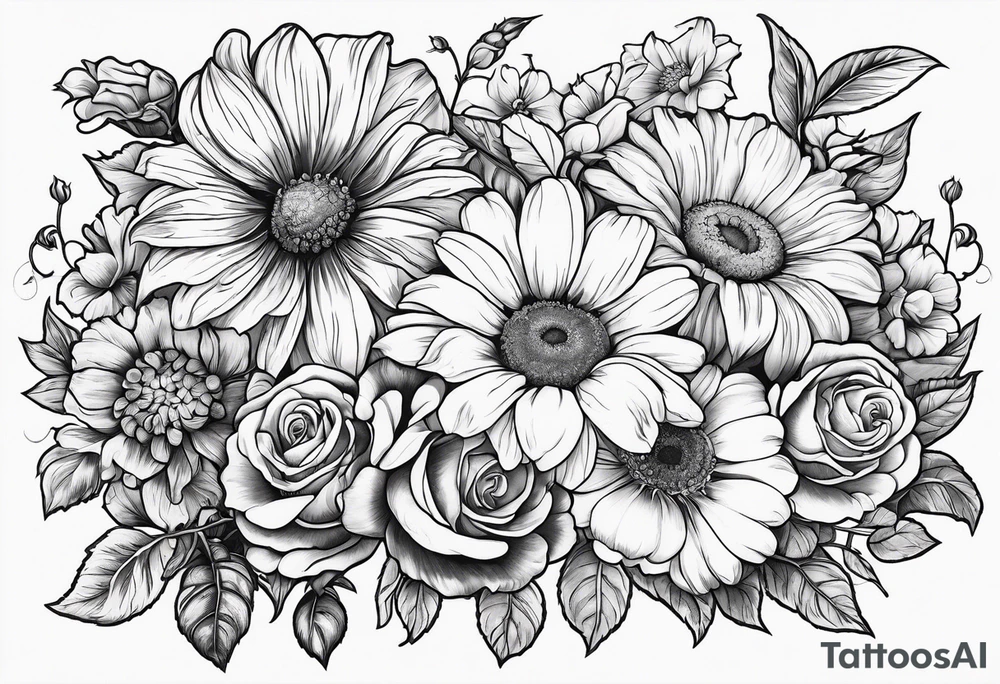 Roses, marigolds, cosmos, daisies, sweet peas and sunflowers vines tattoo idea