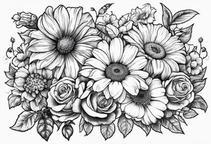 Roses, marigolds, cosmos, daisies, sweet peas and sunflowers vines tattoo idea
