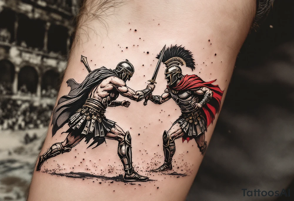 Eternal Gladiator Battle – A hyper-realistic tattoo of two gladiators locked in combat, their bronze and steel weapons clashing, sending sparks flying. Their red and black capes billow in the dust-filled arena, and the Colosseum crowd roars in the background. tattoo idea