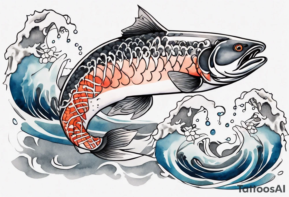 stylized Japanese salmon in grey water tattoo idea