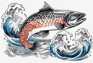 stylized Japanese salmon in grey water tattoo idea