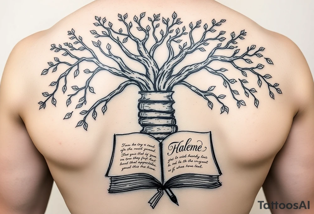 Majestic tree of knowledge with books connected as roots stacked up and an open journal with beautiful cursive writing at the base with a fountain pen tattoo idea