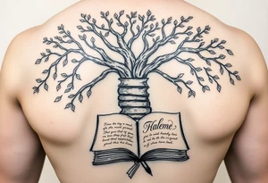 Majestic tree of knowledge with books connected as roots stacked up and an open journal with beautiful cursive writing at the base with a fountain pen tattoo idea