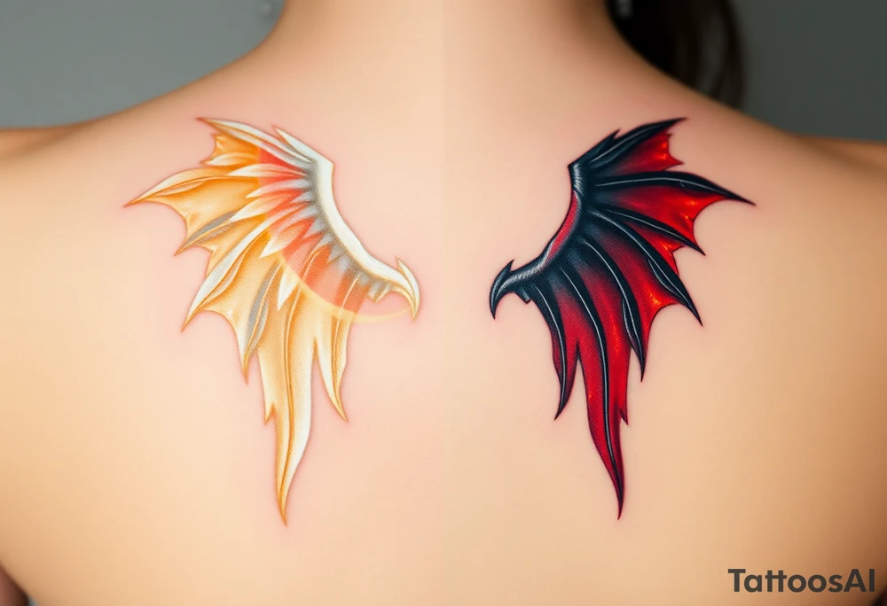 Angel wings in soft white and gold, with flowing feathers, contrasted against demonic wings in dark red and black, jagged and torn. The angel wings are illuminated with glowing halos, while the demon wings have subtle, glowing embers at their tips tattoo idea