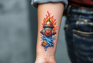 A detailed fire hydrant wrapped in a swirling water-and-flame motif, blending cool blue with fiery red and orange tones. tattoo idea