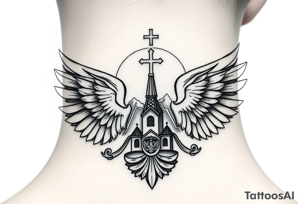 russian coat of arms with both heads visible & wings with an orthodox christian church being visible in a mountainous sun beaming setting, with the russian orthodox cross spire of the orthodox church being visible with a sun beaming in the background that the cross sits inside tattoo idea