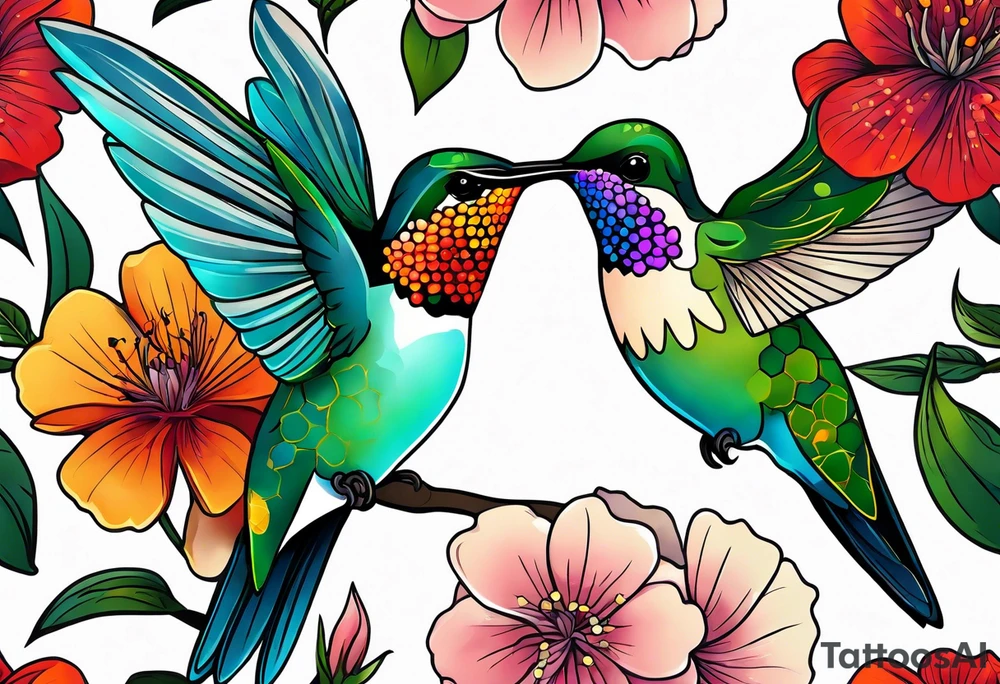 botanical, flowers, colorful, different, hummingbird, dot tattoo idea