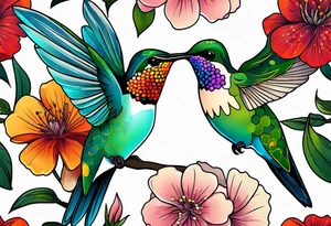 botanical, flowers, colorful, different, hummingbird, dot tattoo idea