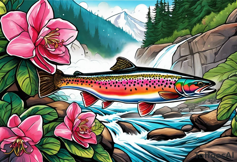 Rocky rapid stream flowing into a rhododendron waterfall inside of the body of a rainbow trout tattoo idea