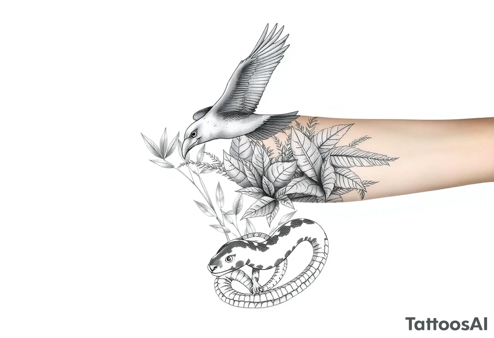 Fine line tattoo: Andean condor flying above Amazon rainforest, amongst the tropical foliage is a puma hiding with only its face exposed, towards the floor of the rainforest is a snake, also mostly hidden behind plants but its head and parts of its body are exposed. tattoo idea