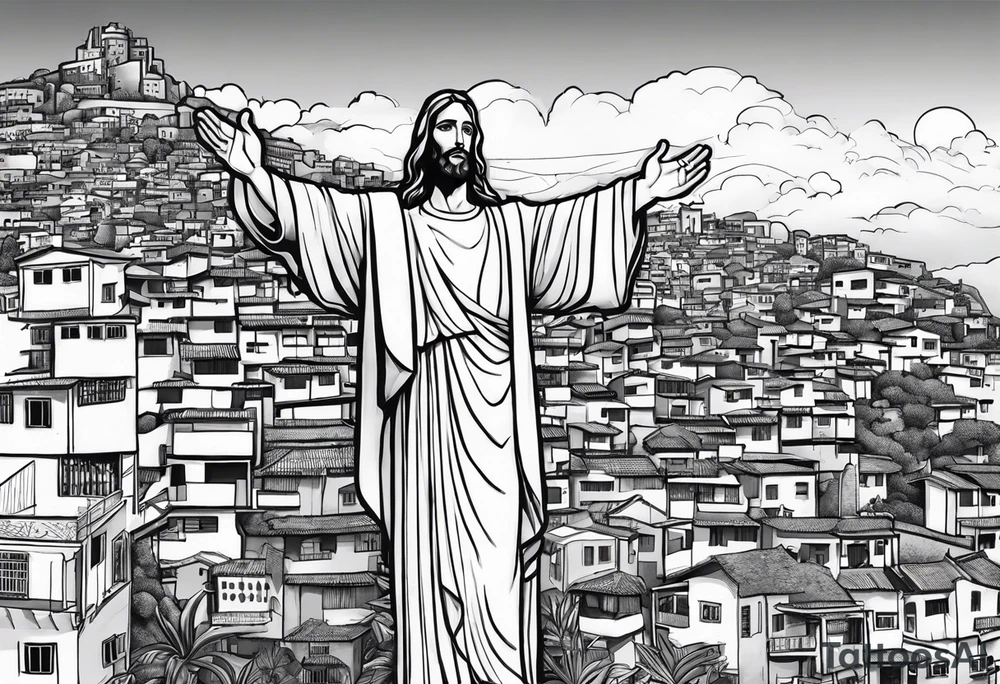 statue of jesus from Rio De Janeiro, below him as background there are favelas houses and above his hands as background is sky with slight clouds tattoo idea