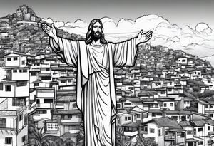 statue of jesus from Rio De Janeiro, below him as background there are favelas houses and above his hands as background is sky with slight clouds tattoo idea