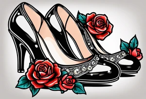 Pearl necklace wrapped around 1950s pinup pumps with roses surrounding tattoo idea