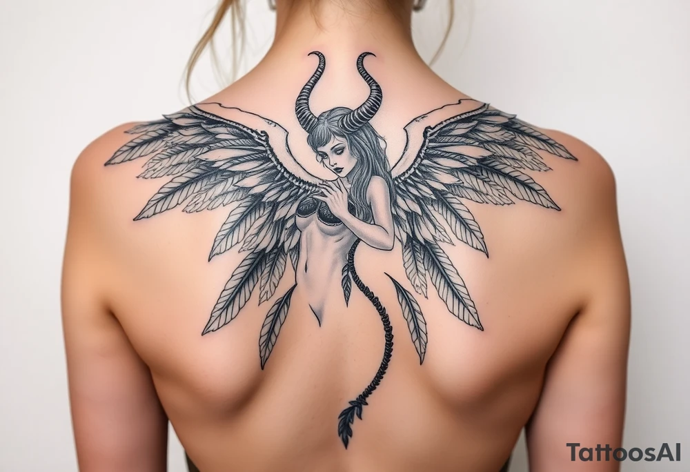 Gothic full body Woman Harpy with horns and lots of feathers tattoo idea