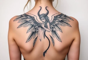 Gothic full body Woman Harpy with horns and lots of feathers tattoo idea