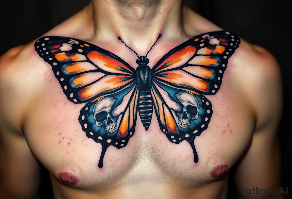 evil powerful majestic and dark monarch butterfly with  graffiti skull detail as the body hidden skulls in wings, skull detail making the body of the butterfly with a horror style effect, including blue,  orange and white colouring
placement on chest at collarbone tattoo idea