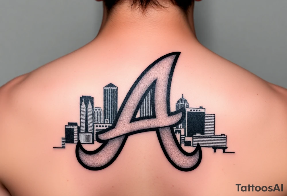 Atlanta Braves letter logo “A” overlapping the Atlanta skyline in the back going upward. More height than width. The buildings are concise and jam packed parallel to the logo. tattoo idea