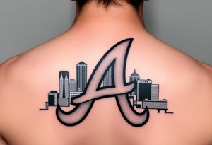 Atlanta Braves letter logo “A” overlapping the Atlanta skyline in the back going upward. More height than width. The buildings are concise and jam packed parallel to the logo. tattoo idea
