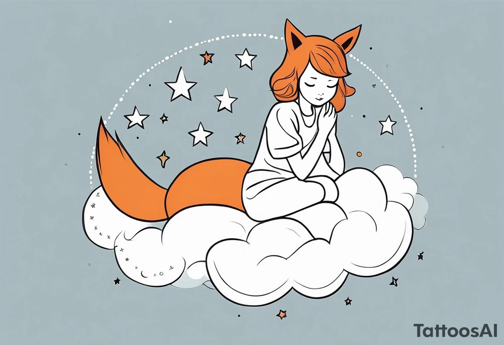 little girl with a fox sitting back on a cloud and look at the stars tattoo idea