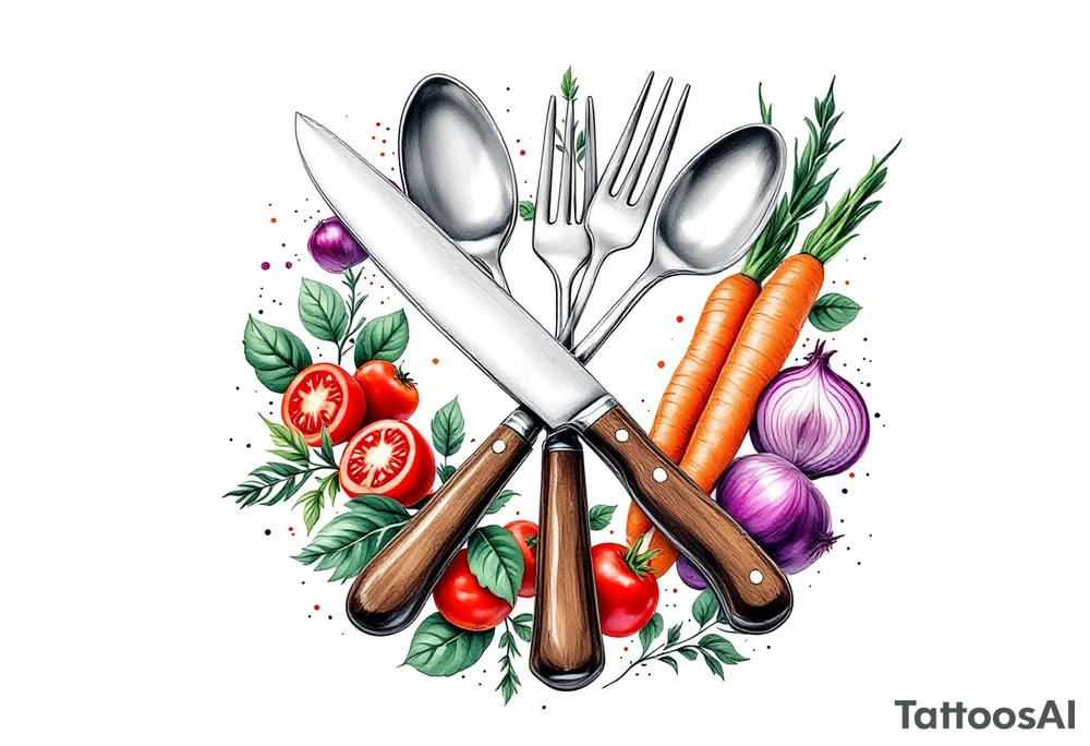 A realistic kitchen tattoo design showing a large silver kitchen knife with a dark brown wooden handle crossed over a shiny silver fork and spoon, all placed diagonally, surrounded by whole and sliced vegetables including bright red round tomatoes, leafy green basil, long orange carrots with green tops, and round purple onions with visible rings, all arranged in a circular wreath shape with a soft white background and subtle watercolor splashes of green, red, and orange for depth. tattoo idea