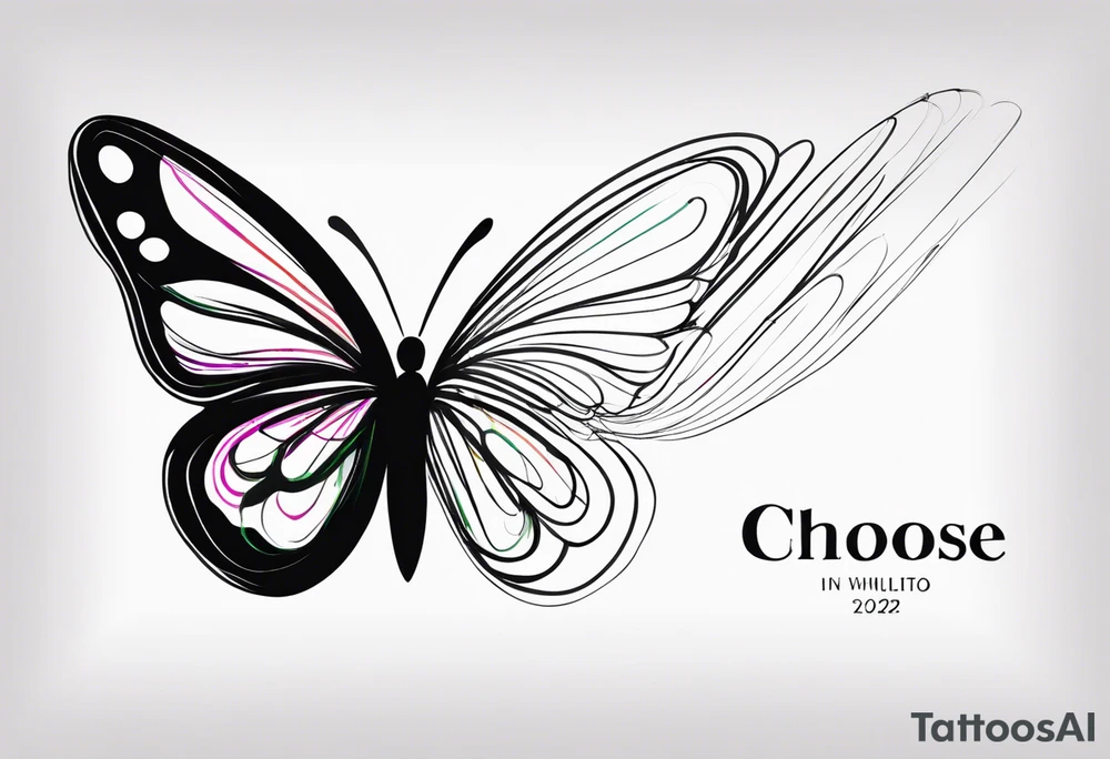 butterfly with one wing black scribbles, the other wing beautiful and colorful, the body has the date 1.9.2023 and the words written "I chose to live." tattoo idea