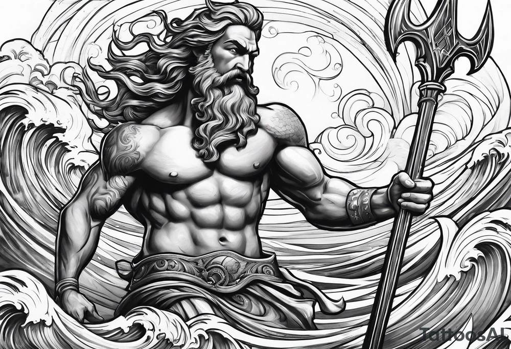 Poseidon raising trident with waves tattoo idea