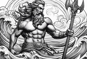 Poseidon raising trident with waves tattoo idea