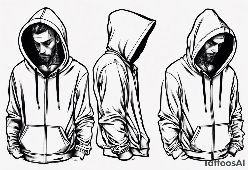 A human in a hoodie, looking down. tattoo idea
