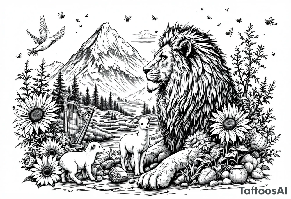 In beautiful heavenly mountain scene with streams and lakes a majestic lion interacts and protects a dove, a lamb,  a sunflower, a harp, a golden nugget, an ancient hammer, a crown, and honeybees tattoo idea