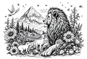 In beautiful heavenly mountain scene with streams and lakes a majestic lion interacts and protects a dove, a lamb,  a sunflower, a harp, a golden nugget, an ancient hammer, a crown, and honeybees tattoo idea