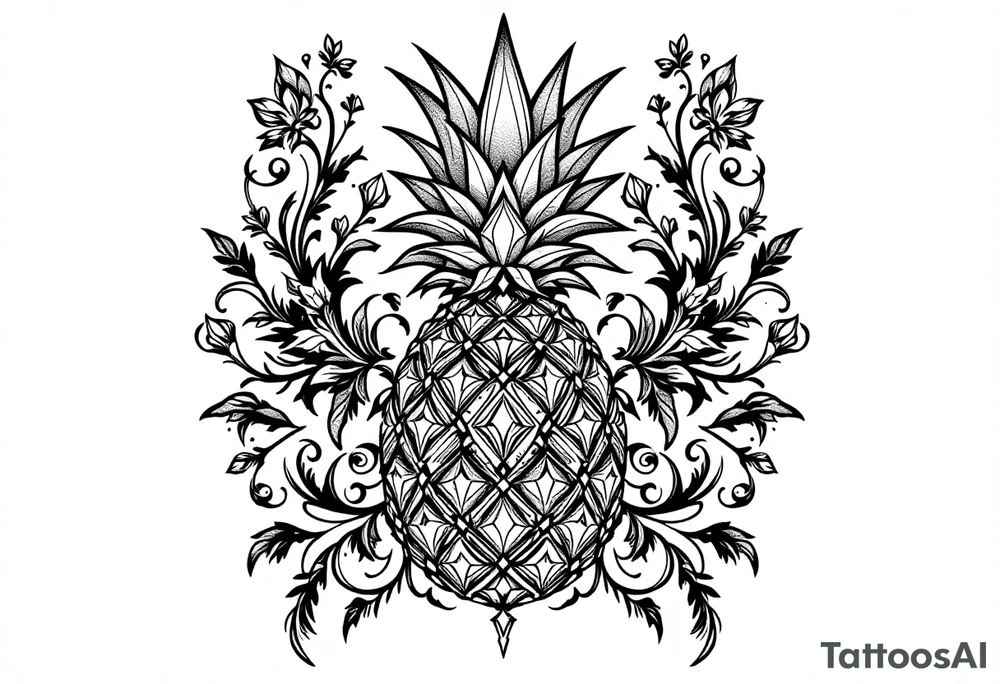 Design around a vagina and anus area using a  pineapple with diamonds  and magestic, crown, vagina, anus, pubic tattoo idea
