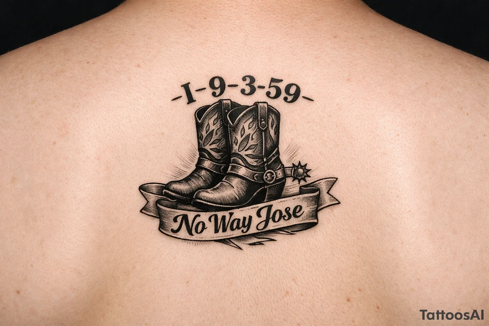 Can you do a minimalist neo, traditional Cow girl boots her birthday i9-3-59 and a banner that says no way Jose tattoo idea