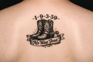 Can you do a minimalist neo, traditional Cow girl boots her birthday i9-3-59 and a banner that says no way Jose tattoo idea