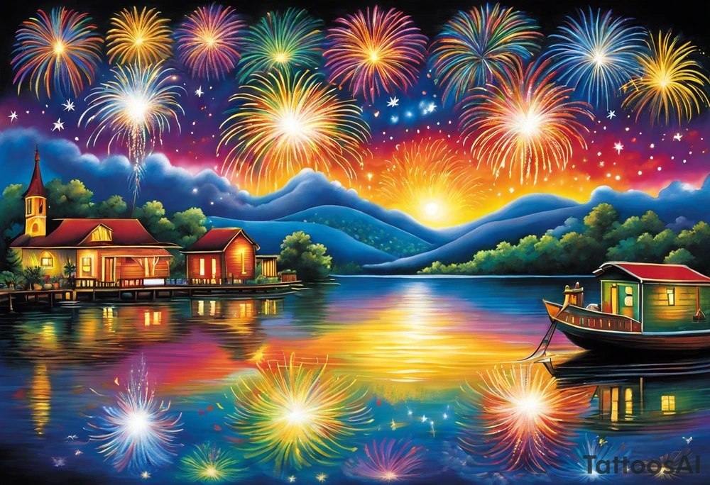 Fireworks burst across the night sky, surrounded by glowing candles and stars, capturing the magic and nostalgia of Colombian December nights. The scene is vibrant with multi-colored lights and an air of celebration. Soft linework mist or halos around the fireworks adds a magical, dreamy quality to the scene. The tattoo reflects joy and tradition, with an emphasis on warmth and festivity. tattoo idea
