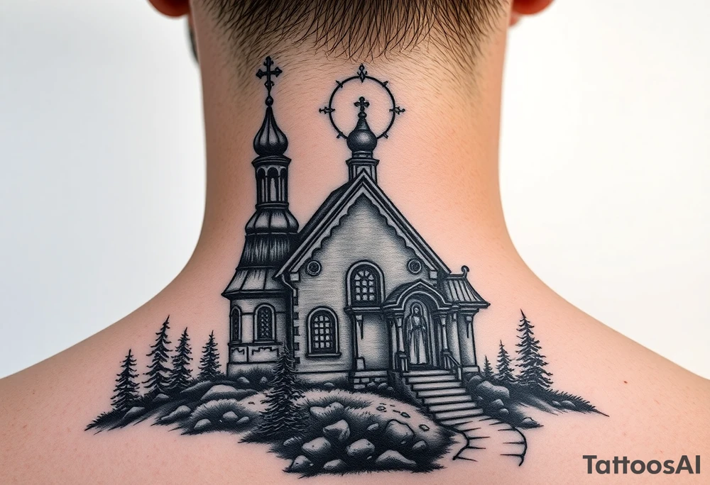Traditional russian orthodox church in a wilderness setting with a prominent orthodox style virgin mary tattoo idea