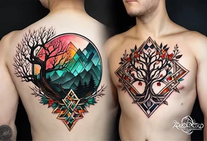 Tattoo dans le dos, yggdrasil et quelques éléments en plus, 5 ou 6 feuilles de cerisier en couleur, le logo de tommorowland vers les racines, une forme géométrique à l'arrière plan du tatouage tattoo idea