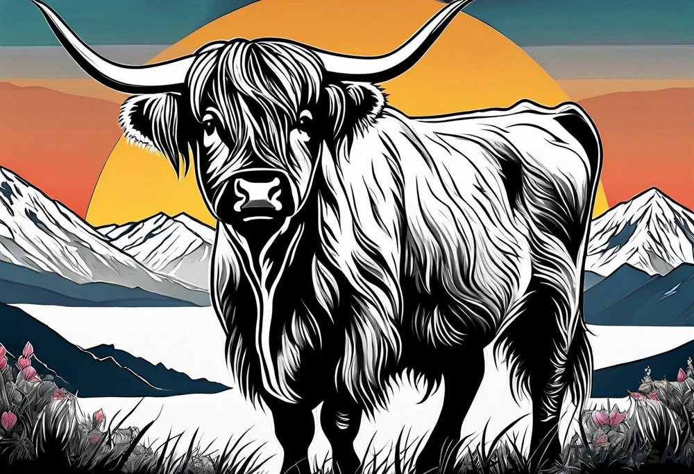 Highland cow with mountains in color tattoo idea