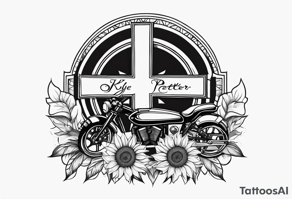 A central cross with the names Kyle Peter Lori on it with lighting a motorcycle and a sunflower around it tattoo idea